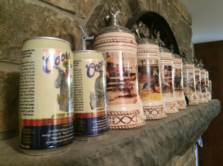 Cans and beer stein.